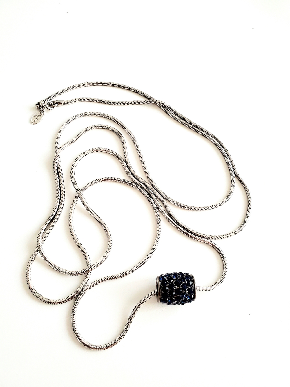 Vendome 26"L Silver Snake Chain Necklace with Dark Blue Pave Charm